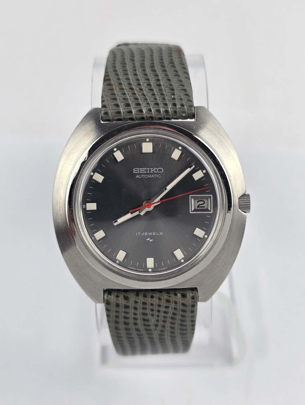 Vintage 1972 Seiko 7005-7099 Baby UFO Automatic Gray Dial Lizard Strap Running